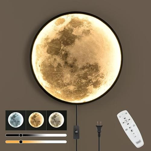 QIYIMEILUX Dimmable Moon Wall Sconce Plug in Modern LED Wall Light with Remote Control 19.7 inch 24W Black Wall Lamp Indoor Wall Mounted Lighting Ceiling Light for Living Room Bedroom